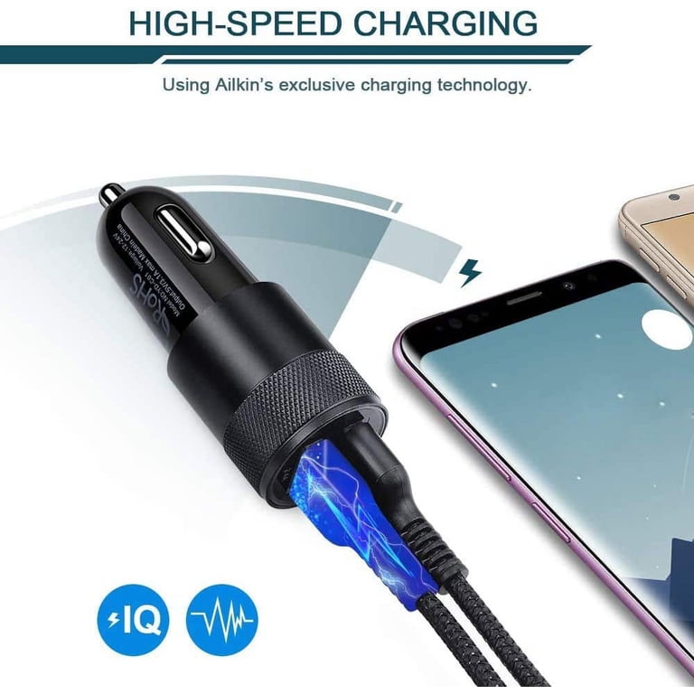 high speed cigarette lighter charger Dual USB Car Charger with Double Phone Ports, Multi Long iPhone Plug + 2PCS  Type C Cables, Black
