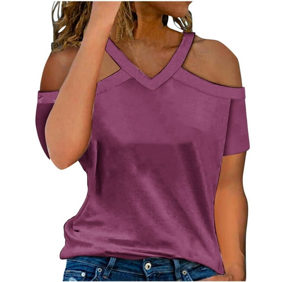 Womens Tops Casual Sevevn Women's Summer Fashion Solid Color V-Neck Off Shoulder Casual Short Sleeved Top