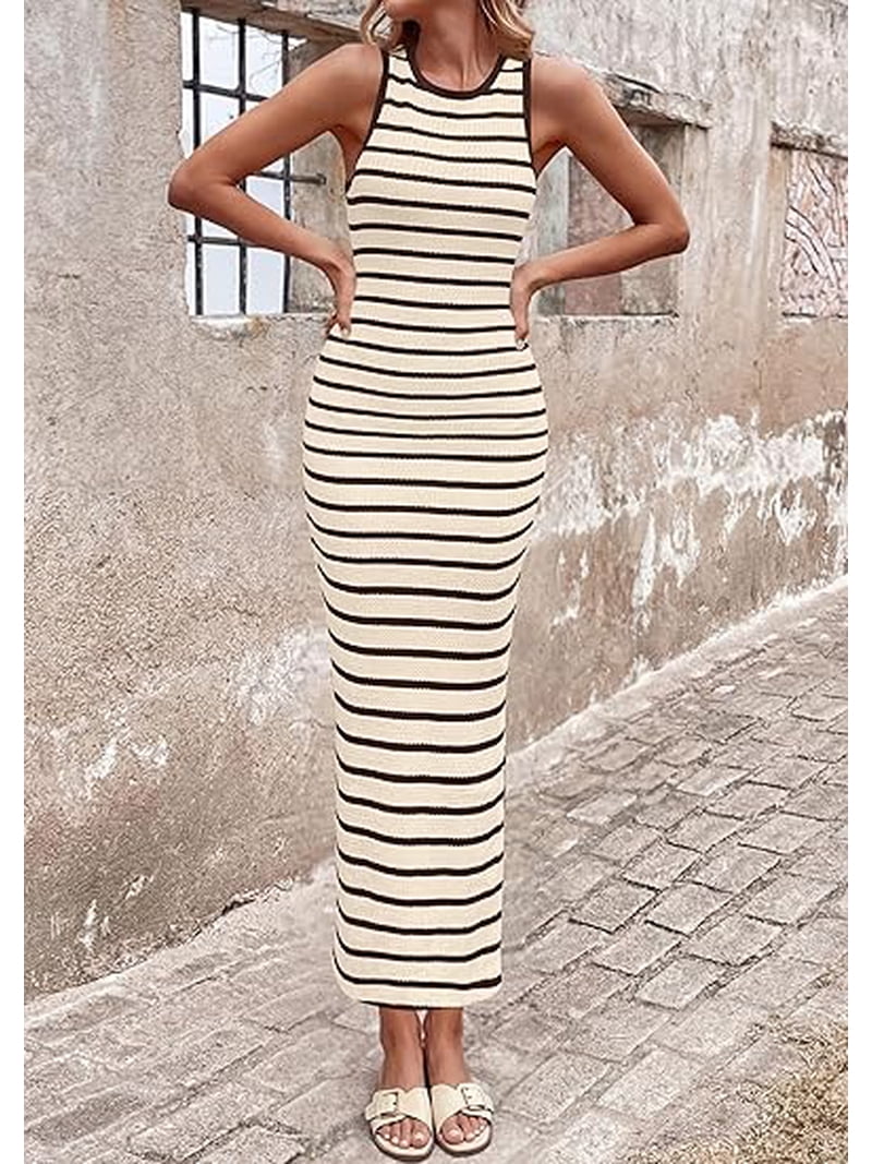 Prettygarden Sundresses for Women Summer Striped Knit Side Slit Spring Fashion Bodycon Maxi Dress Beach Vacation Clothes, Women's, Size: 2XL, Brown
