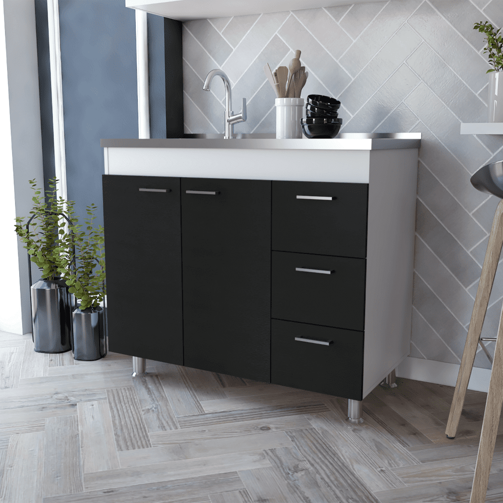 We Have Furniture Utility Sink  Kisco, Three Drawers, Double Door, White / Black Wengue Finish