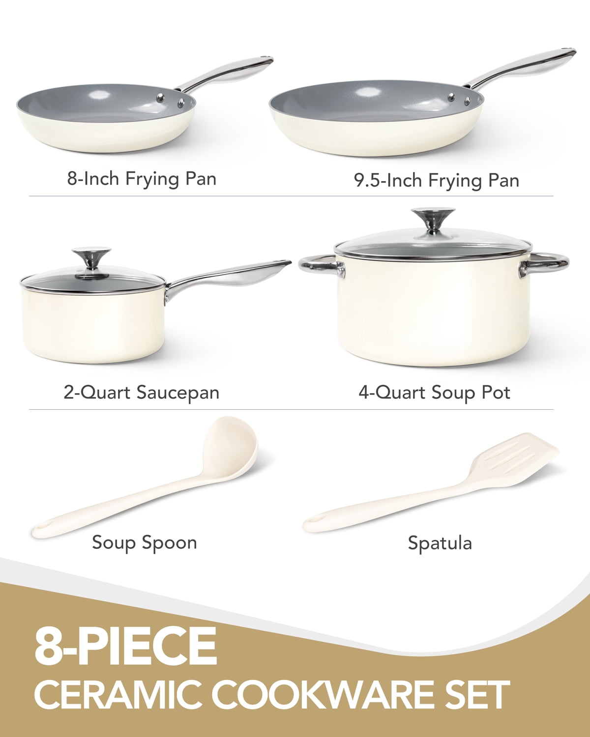 8-Pcs Nonstick Pots and Pans with Lid, Cookware Set, Cream