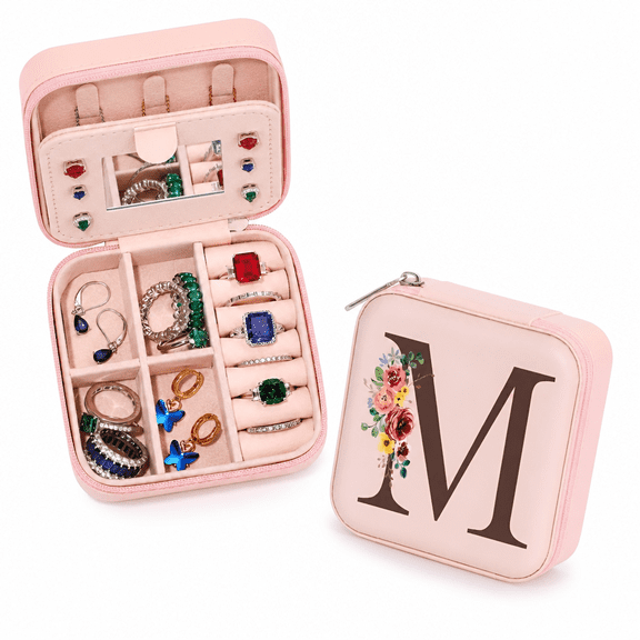 RAIRSKY Travel Jewelry Case Jewelry Box - Small Jewelry Box Organizer Holder Ring Earrings Box Travel Essentials for Women, Birthday Gifts for Women Teen Girls Mom Bridesmaid Jewelry Case Initial M
