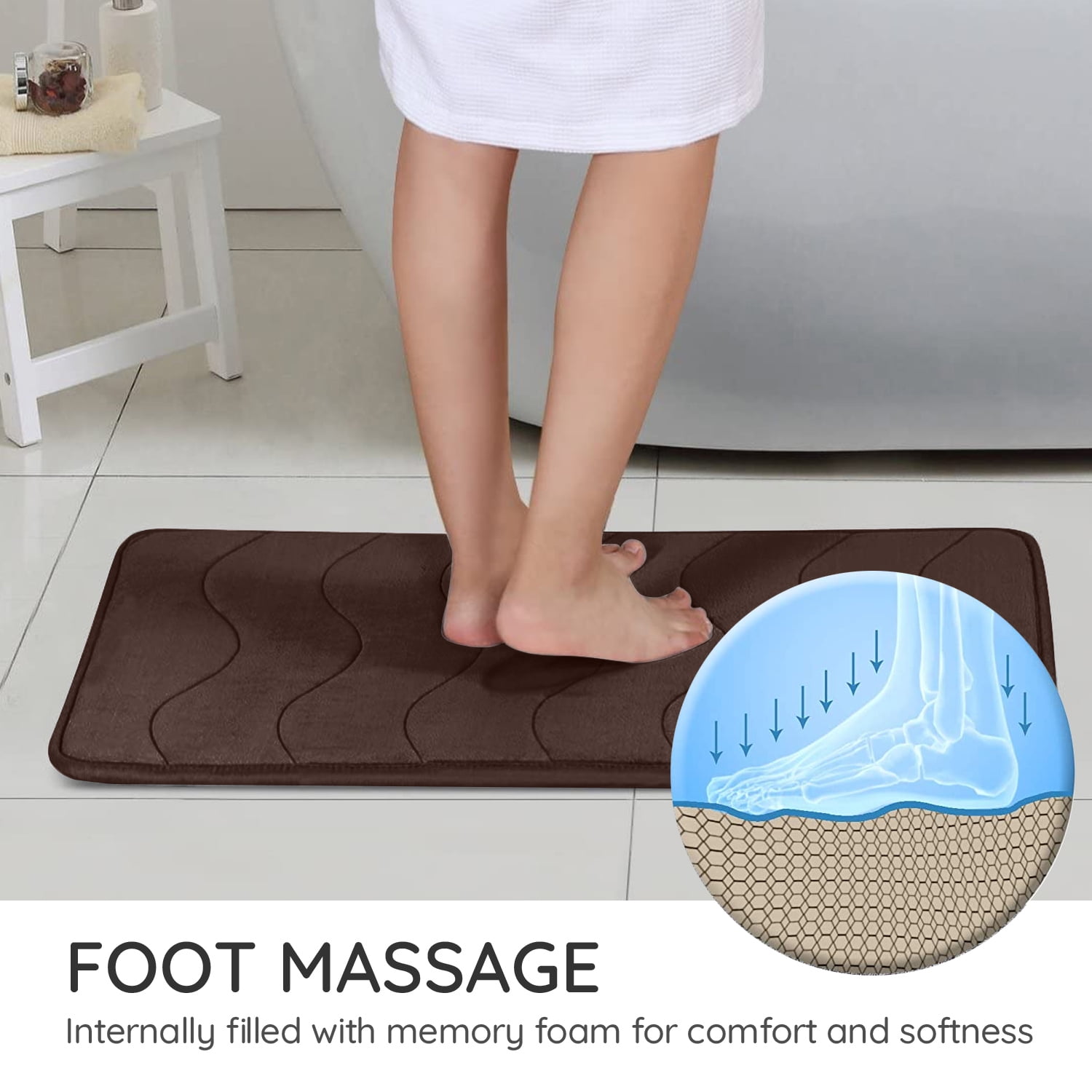 Astarin Quick Dry Bath Waved Brown Memory Foam Bath Rug, 24" x 36", Non-Slip Backing
