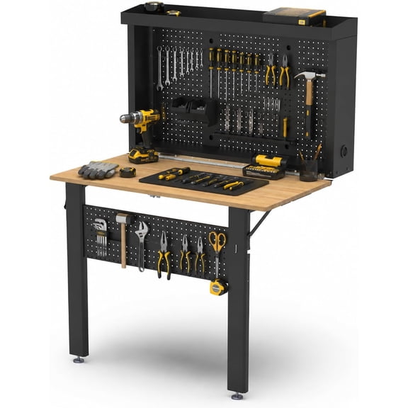 HPDMC 47.2 in Wall-Mounted Fold-Down Workbench with Pegboard, 298 lb Capacity Wood Work Table for Garage, Black