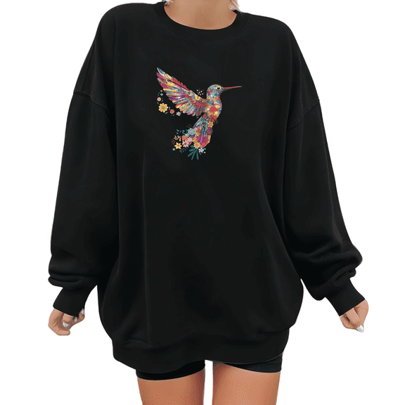 Black Print Sweatshirt Graphic Floral Hummingbird Design Vibrant Nature Theme Casual Daily Shirts Stylish Comfortable Apparel Tops S-3XL