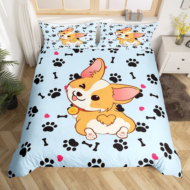 Cute Corgi juego de cama Queen Size,Cartoon Dog Footprint Bones Duvet Cover Sets
