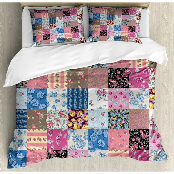 Vintage Duvet Cover Set Queen Size, Geometric Checkered Squares with Blooming Flowers Spring Season Plant Arrangement, Decorative 3 Piece Bedding Set with 2 Pillow Shams, Multicolor, by Ambesonne