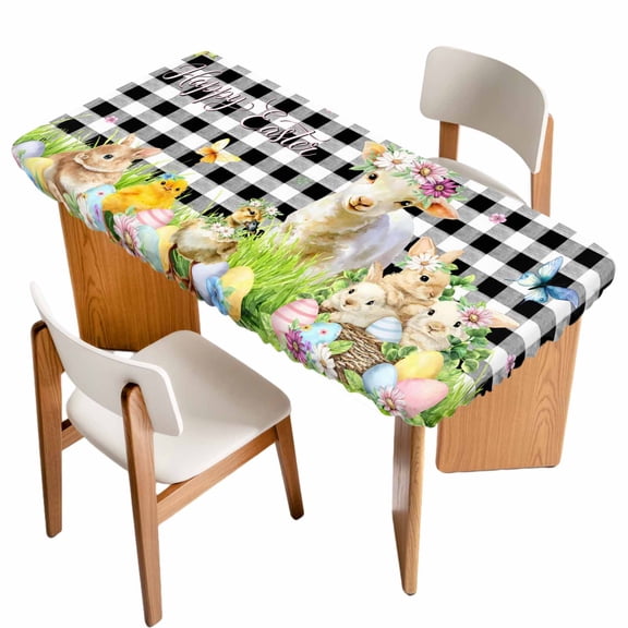 Easter Table Cloths for 4 Foot Rectangle Tables, Spring Rabbit Sheep Duck Eggs Plants Black Plaid Patio Waterproof Elastic Fitted Tablecloths, Washable Rectangular Table Cover for Camping