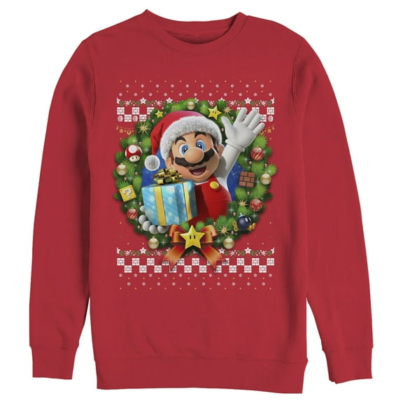 Men's Nintendo Ugly Christmas Mario Wreath Sweatshirt Red Large