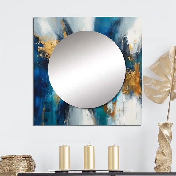 Designart "Profound Insight Abstract In Regal Blue And Gold IV" Abstract Painting Square Mirror Wall Decor Modern - Large Gold Square Bathroom Mirror - Square Printed Wall Mirror Art