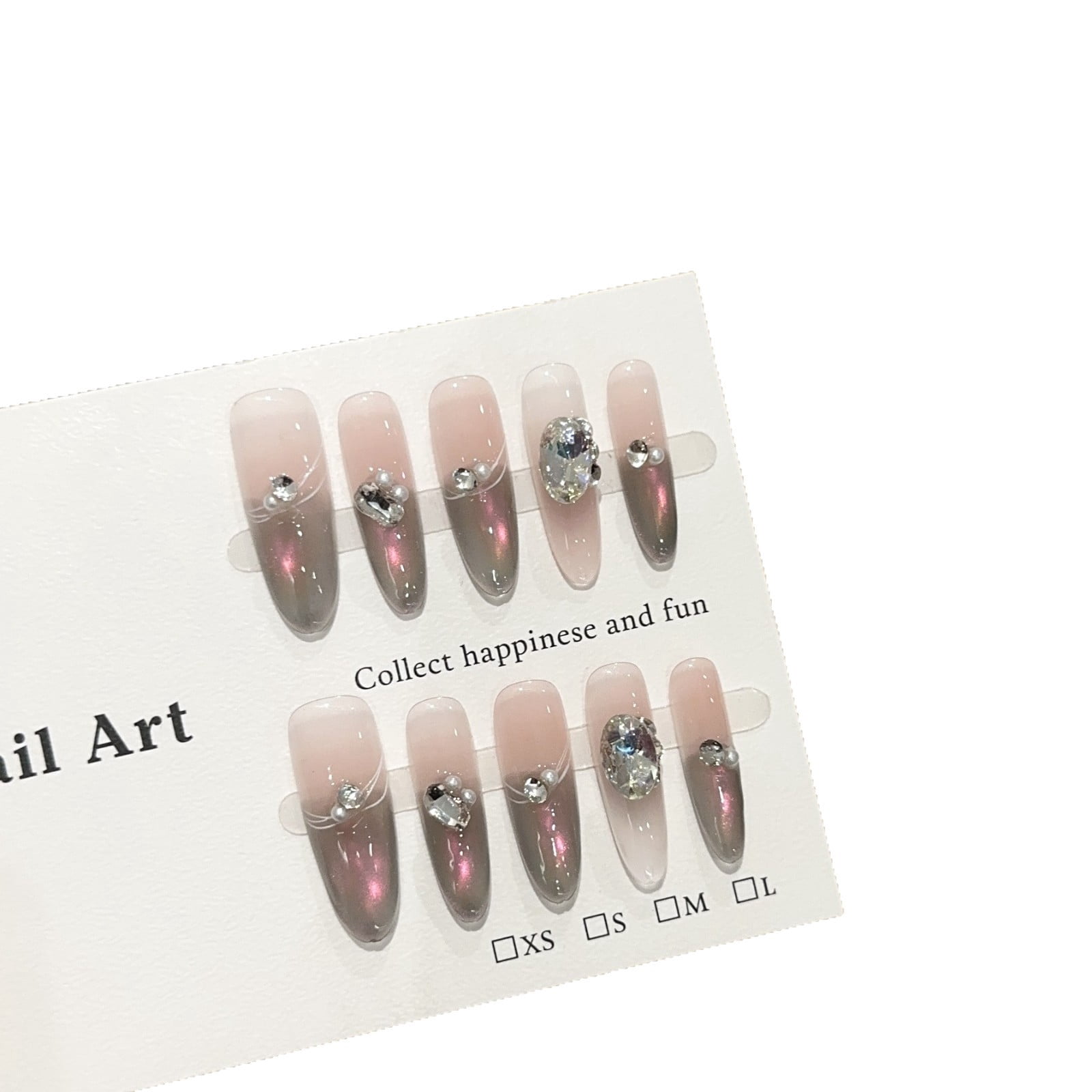 Purely handmade nail, advanced sense nebula gray pink cat eye nail art piece, long light luxury stack diamond fake nail patch