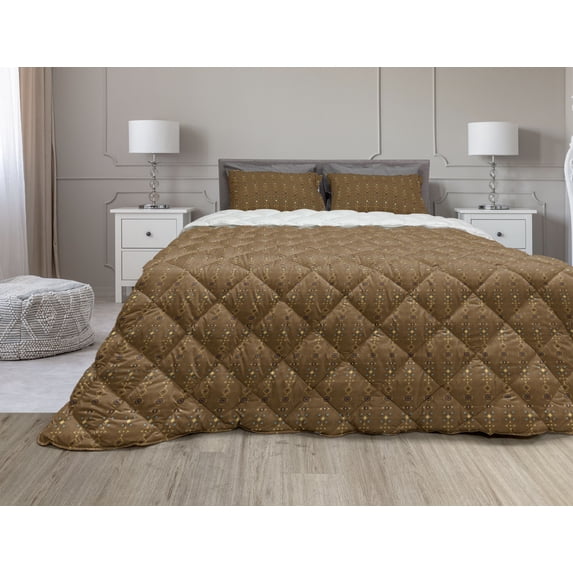 Chocolate Brown Comforter & Sham Bedding Set, Geometric Retro Style Repetitive Pattern with Inspiration Earth Tones, 3 pcs Duvet Set Microfiber Filling Quilt, 5 Sizes, Multicolor, by Ambesonne