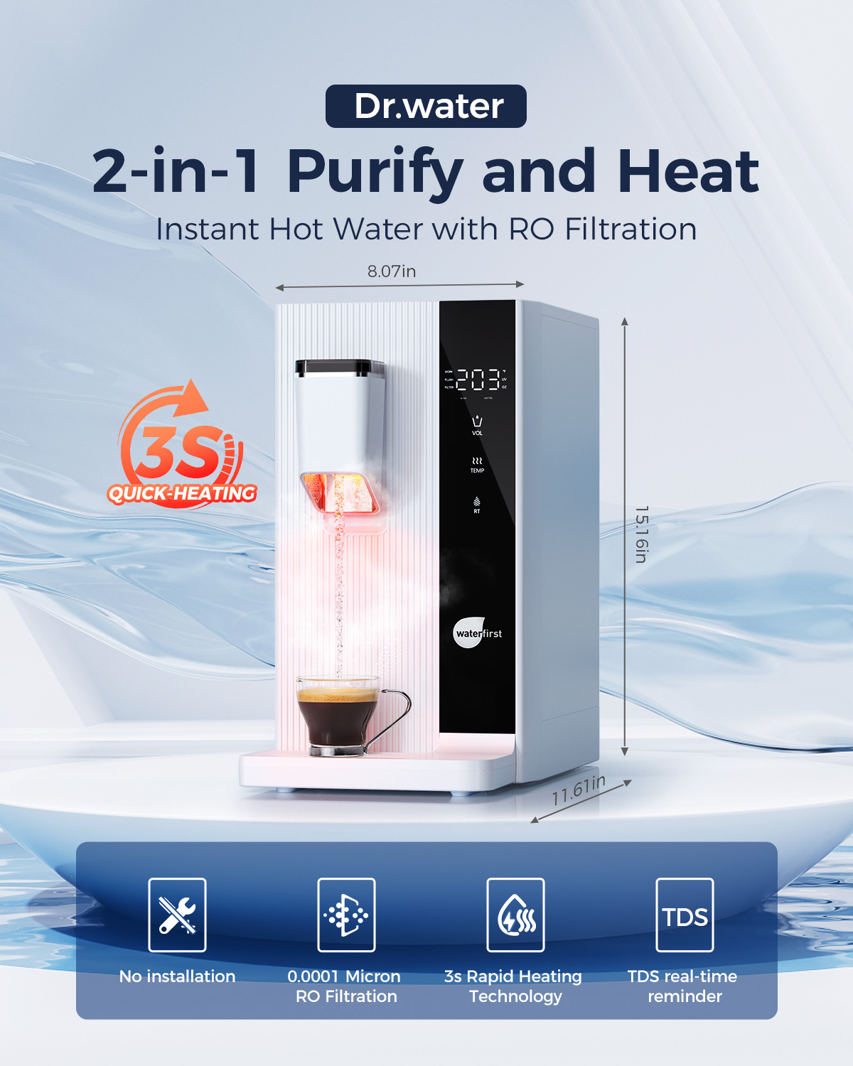 WaterFirst® Dr.Water Countertop Reverse Osmosis System, 3S Instant Heat Portable RO Water Filter, NSF/ANSI 58 Certified, 5 Stages Filtration, No Installation, 4:1 Pure to Drain