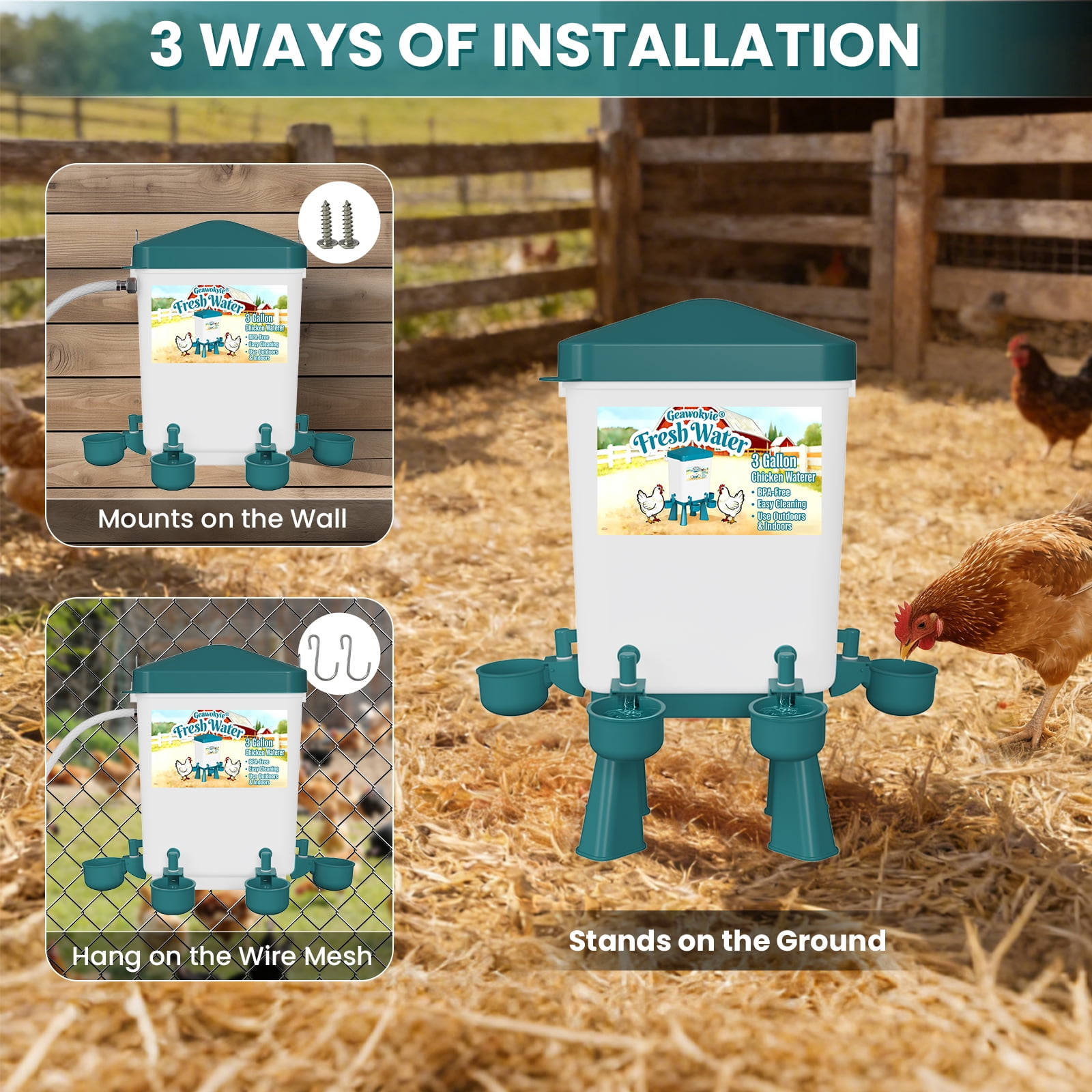 Chicken Feeder and Waterer Set - Automatic Float Valve Waterer with Built-in Filter,  Poultry Feeding & Watering Equipment for Chickens, Ducks, Geese, Chicken Coop Accessories(Blue))