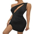 thumbnail image 3 of Women One Shoulder Dress Solid Color Hollow Out Ruched Slit Bodycon Mini Short Skirt Beach Date Wear, 3 of 4
