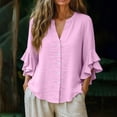 thumbnail image 5 of Xdegoge Linen Button Down Shirts for Women V Neck Three Quarter Ruffle Sleeve Elegant Workwear Going Out Relaxed Fit Solid Plain Design Flowy Stretchy Spring Tops, 5 of 7