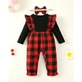 thumbnail image 3 of KIMI BEAR Infant Baby Girls Bodysuits 12-18 Months Fall Winter Clothes Round Neck Long Sleeves Romper Patchwork Plaid Jumpsuits with Headband 2pcs Red, 3 of 9
