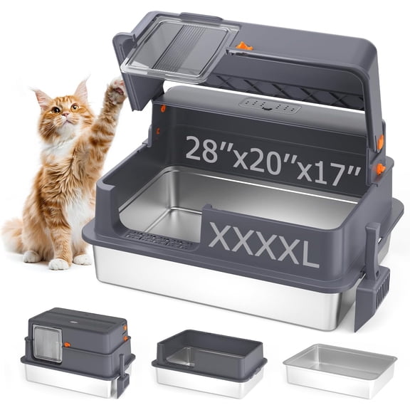 Enclosed XXXXL Stainless  Litter Box, 28" L x 20" W x 17" H, Side Entry    Litter Box with Lid for Big & Multiple Cats, Removable Enclosure, Anti-Leakage,Easy to Clean