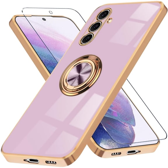 for Samsung Galaxy S24 5G Case, with Screen Protector, Built-in 360° Ring Holder Metal Stand, Luxury Electroplated Plating Edge Shockproof Protective Phone Cover, Purple