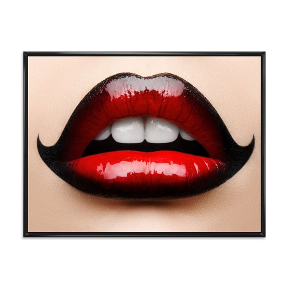 Designart 'Woman Lips With Red and Black Lipstick' Modern Framed Canvas Wall Art Print