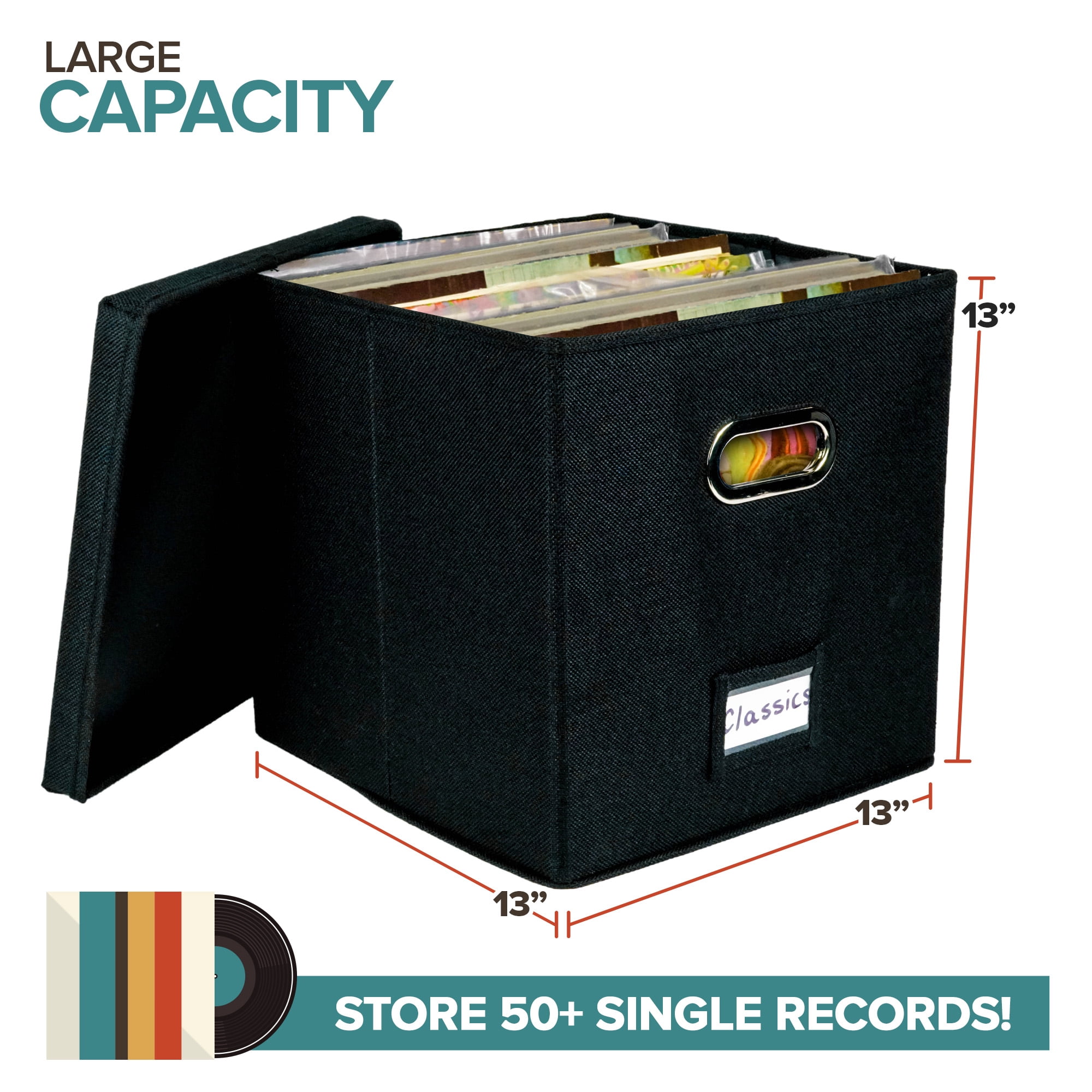Vinyl Record Storage Box for up to 50+ 12-Inch Albums, Records Crate, LP Album Storage, Fabric Storage Boxes with Lids for Moving, Office, Closet, Home Organizer 13x13x13 (Black)