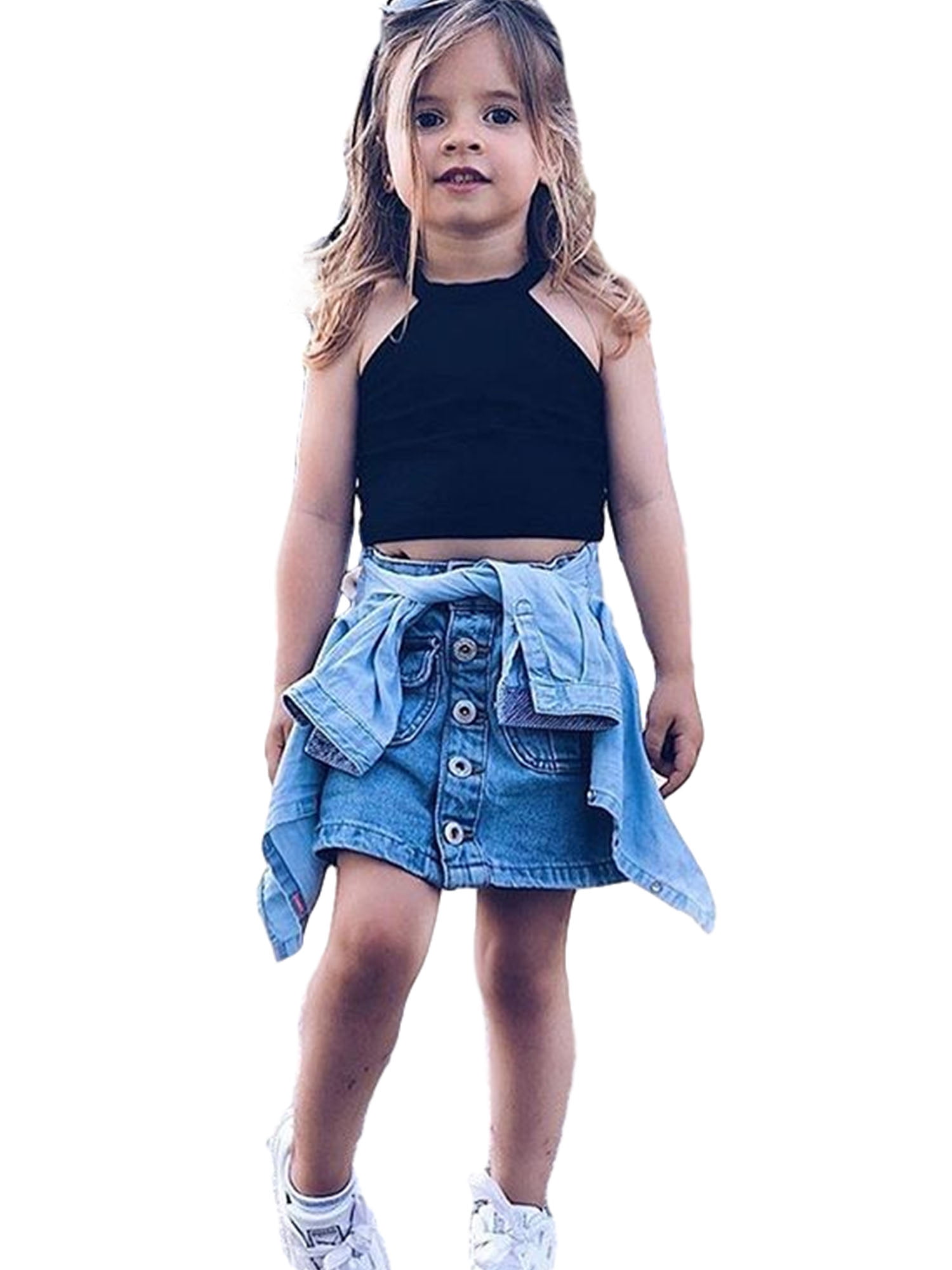Baby Girl Denim Skirt with Striped Short Sleeved Top and Headband Set 