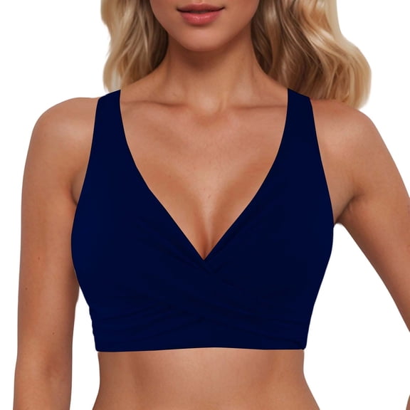 Gtoiithly Womens Casual Tankini Top Sleeveless Neck Swimwear Separate Top Summer Beachwear Solid Color b-Navy L
