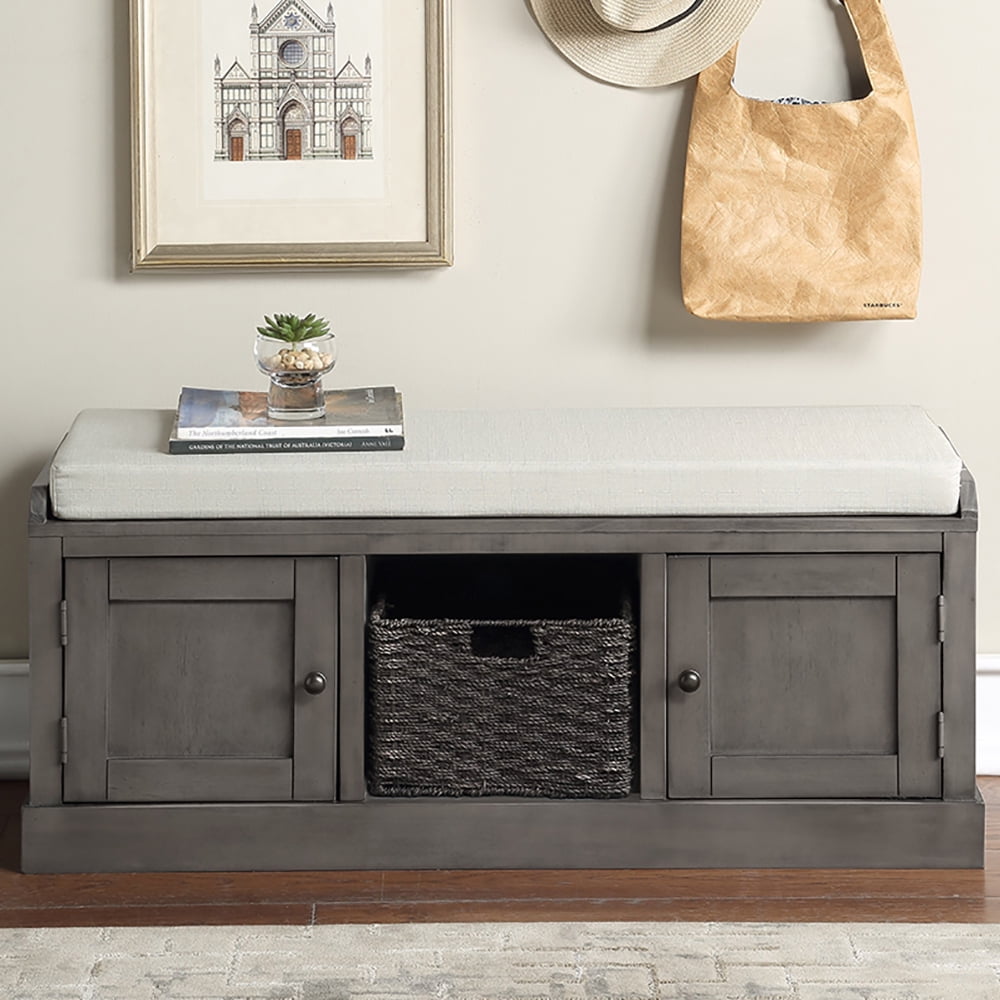 Lowestbest Wood Storage Bench with 2 Cabinets and 1 Basket for Entryway