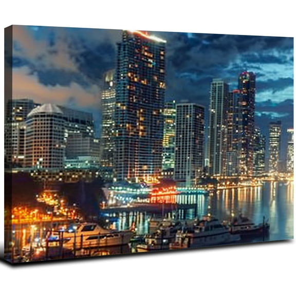 Acheng   City Canvas Wall Art Miami Night Skyline Picture Canvas Print Florida Cityscape Poster Painting Canvas Modern Living Room Bedroom Decor Framed Ready to Hang 20x16inch