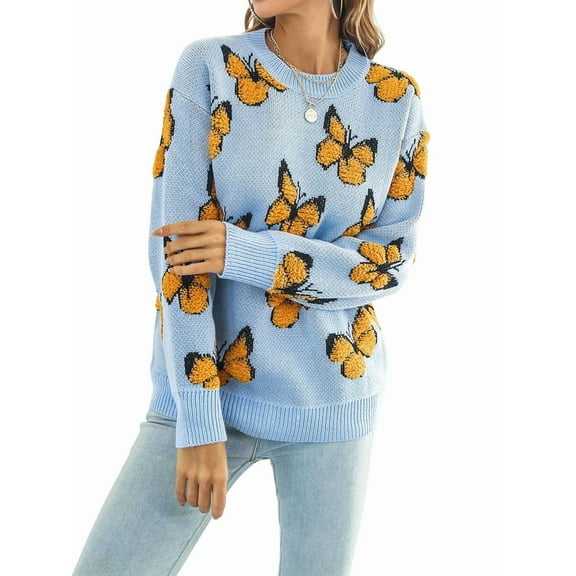 Women'S Casual Butterfly Print Knitted Pullover Sweaters Long Sleeve Crew Neck Jumper Tops Blue & Yellow XL