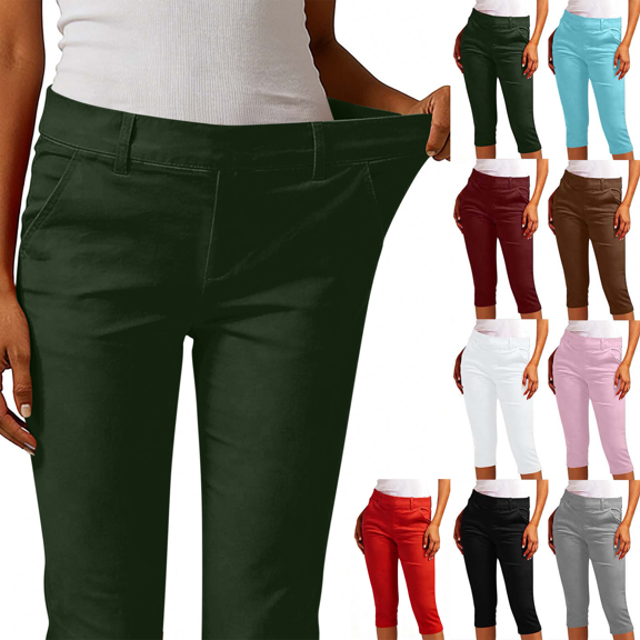 Dvprdro Womens Stretch Twill Hiking Capri Pants Elastic Waist with Pockets Solid Color Regular Fit Outdoor Casual Bottoms