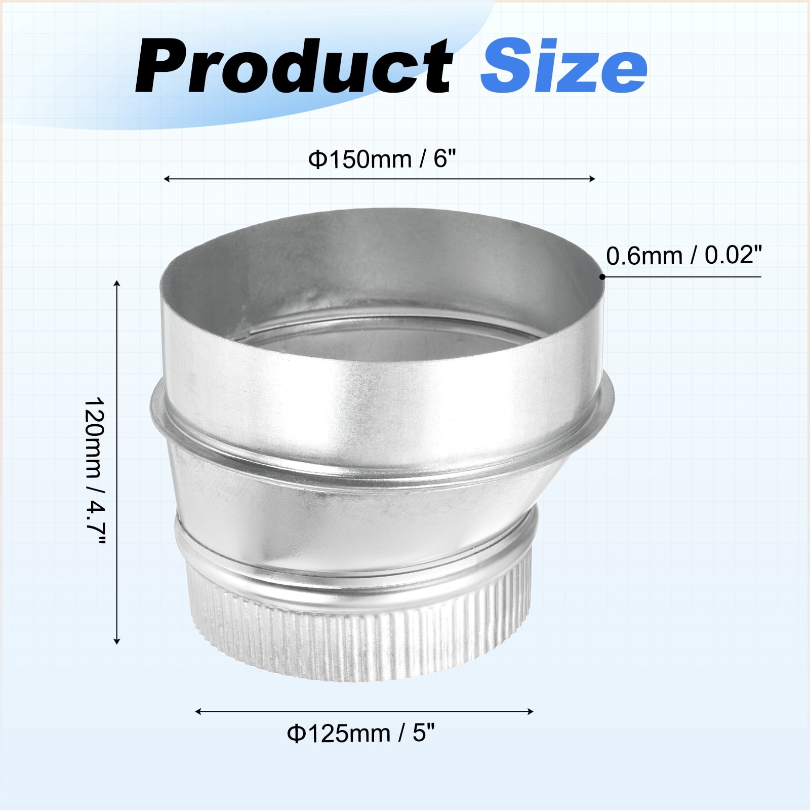 Uxcell Eccentric Duct Reducer (6" to 5" ) - Galvanized Steel Crimped End Ducting Connector Increaser Round Air Duct Adapter Pipe Vent Inline Fitting for HVAC Ventilation System, Silver