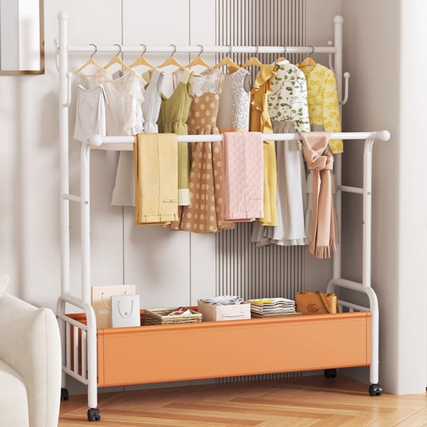 Perchero para Ropa de Doble Poste 175 * 120 * 34 cm, Perchero Burro con Ruedas, Perchero de Metal para Ropa, Cesta de Almacenamiento de Cuero, Estantería de Almacenamiento de Ropa para Dormitorio