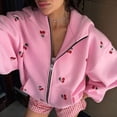 thumbnail image 4 of Women Cherry Print Zip Up Hoodie Long Sleeve Oversized Hooded Sweatshirt Y2k Jacket Pink L, 4 of 9