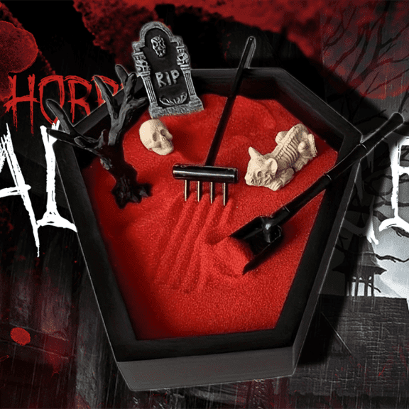 Coffin Zen Garden, Black Wooden Coffin Tray with Red Sand, Gothic Home Decor and Halloween Desk Decor, Witchy Office Ornaments and Fantasy Whimsigoth Home Room Decor, Unique Gifts for friends