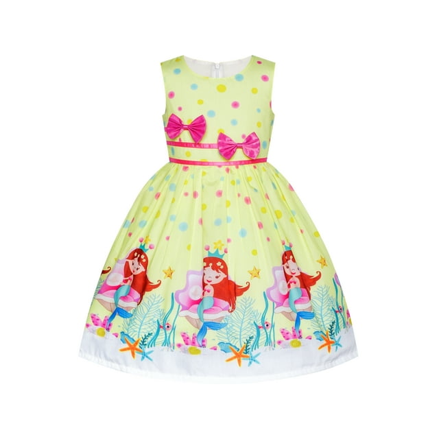 Robe Fille Jaune Décontractée Mermaid Double Nœud Papillon Fête 7-8 Ans
