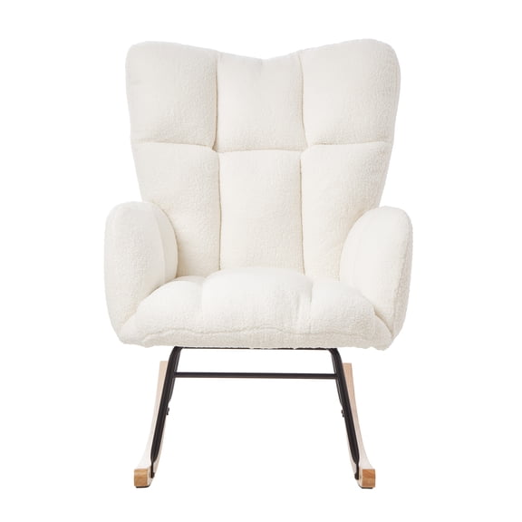 Glider Chair for Living Room Tufted Upholstered Teddy Fabric Rocking Chair with Metal Frame Accent Chair Ivory White