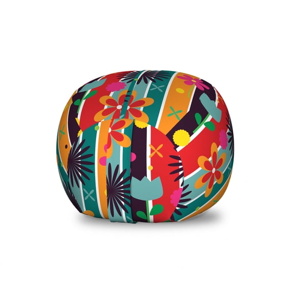 Floral Storage Toy Bag Chair, Arrangement of Hawaiian Tropical and Awakening Flower Petals on Vertical Stripes, Stuffed Animal Organizer Washable Bag, Small Size, Multicolor, by Ambesonne