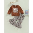 thumbnail image 2 of Toddler Girls Spring Outfit Sets Brown Long Sleeve Letter Print Pullover + Rugby Print Flared Pants 2 Piece, 2 of 8