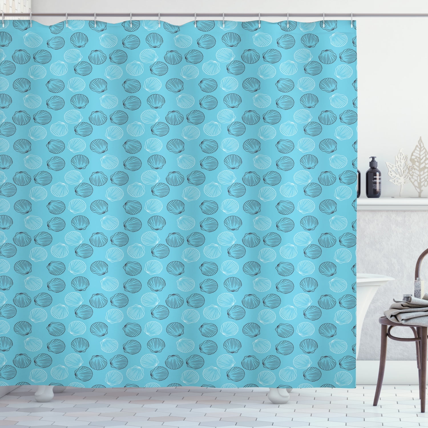 Coastal Shower Curtain, Maritime Theme with Seashell Scallops Ocean