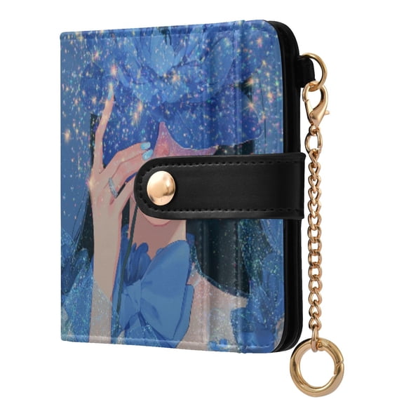 Womens Wallet PU Leather Bifold Small Purse with RFID Blocking Credit Card Holder Illustration Of Woman Holding Blue Flower