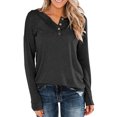 thumbnail image 1 of Las mujeres de manga larga Top cuello redondo túnicas Pullover Color puro con botones Casual Loose Fit, 1 of 4