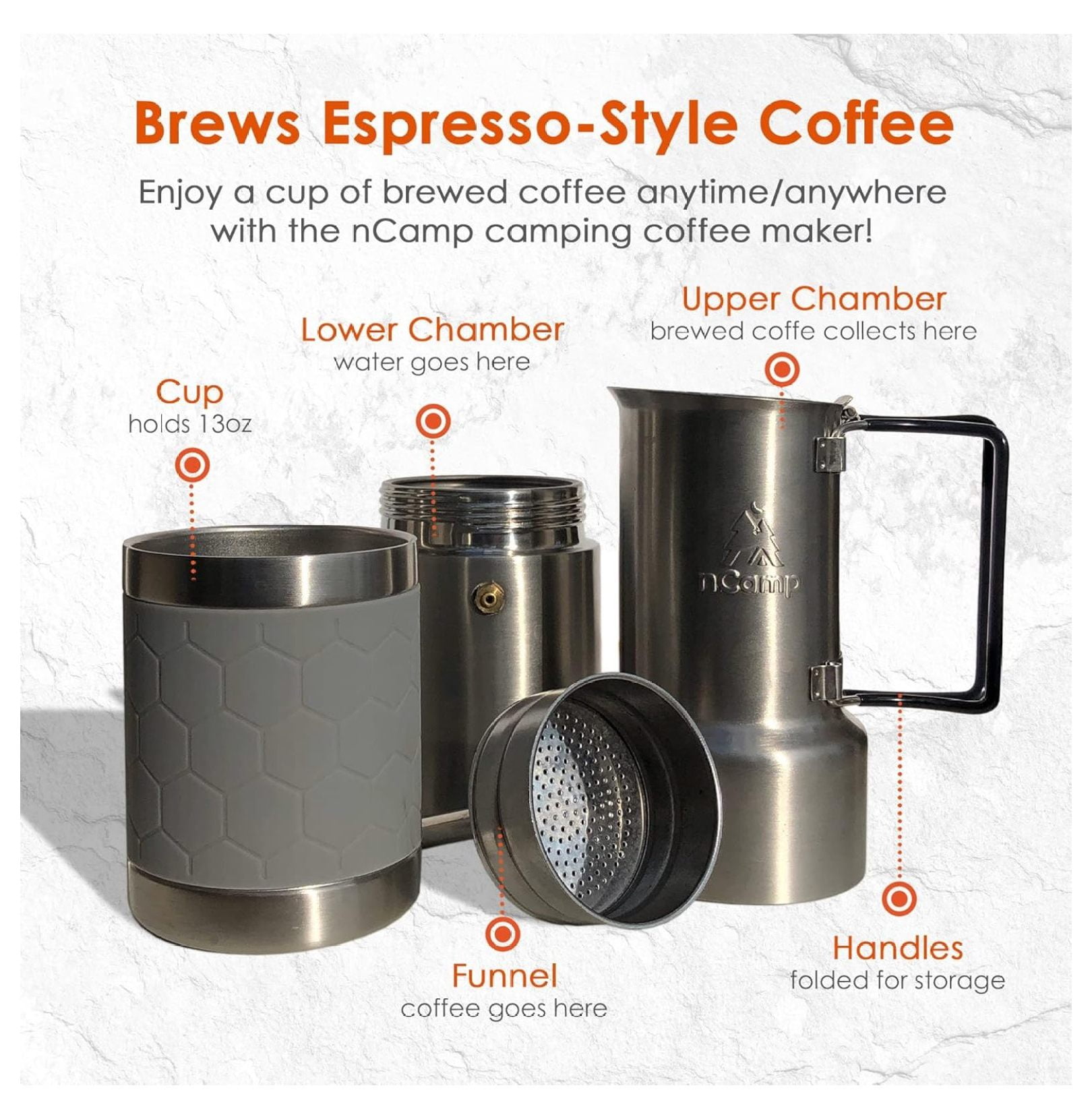 - Café, Portable Coffee Maker, Portable Espresso Machine, Compact Camping Coffee Maker, Stainless Steel Travel Coffee Maker with Camping Coffee Cup, Reusable, 12 oz