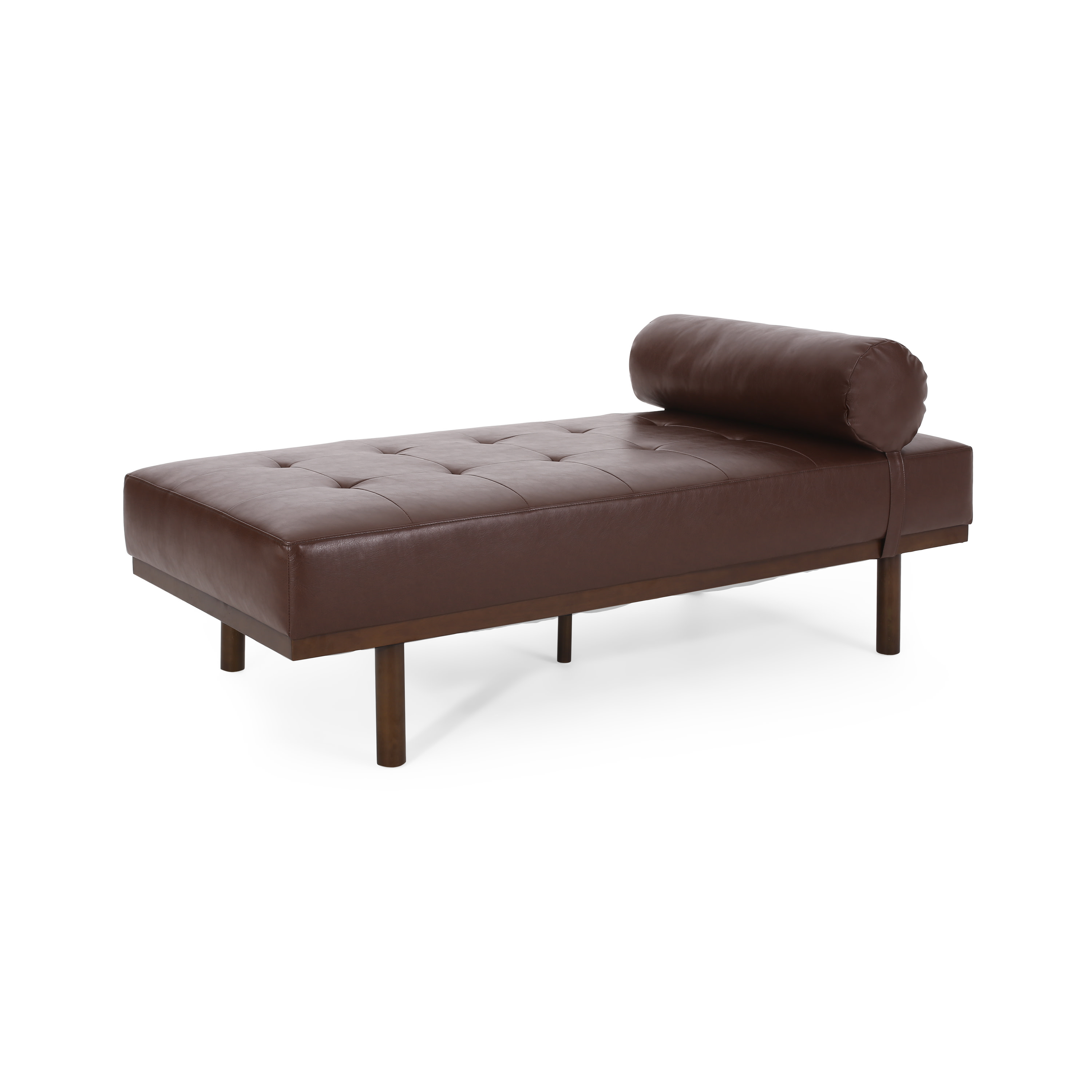 GDF Studio Elmore Mid Century Modern Faux Leather Tufted Chaise Lounge with Bolster Pillow, Dark