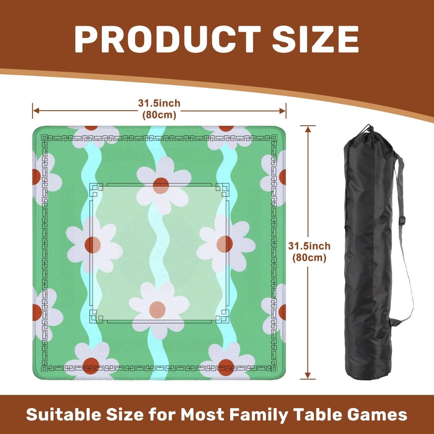 Mahjong Mat 31.5" x 31.5" Retro Daisy Flower Wavy Stripes Green Pastel Colors Non-Slip Noise Reduction Mahjong Tiles Table Cover for Dominoes Poker Card Board and Tile Games