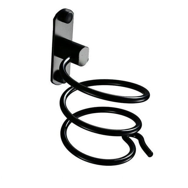 (Color: Negro) Soporte para secador de pelo de aluminio negro, soporte para secador de pelo con resorte en espiral para baño, instalación en pared de 2 vías