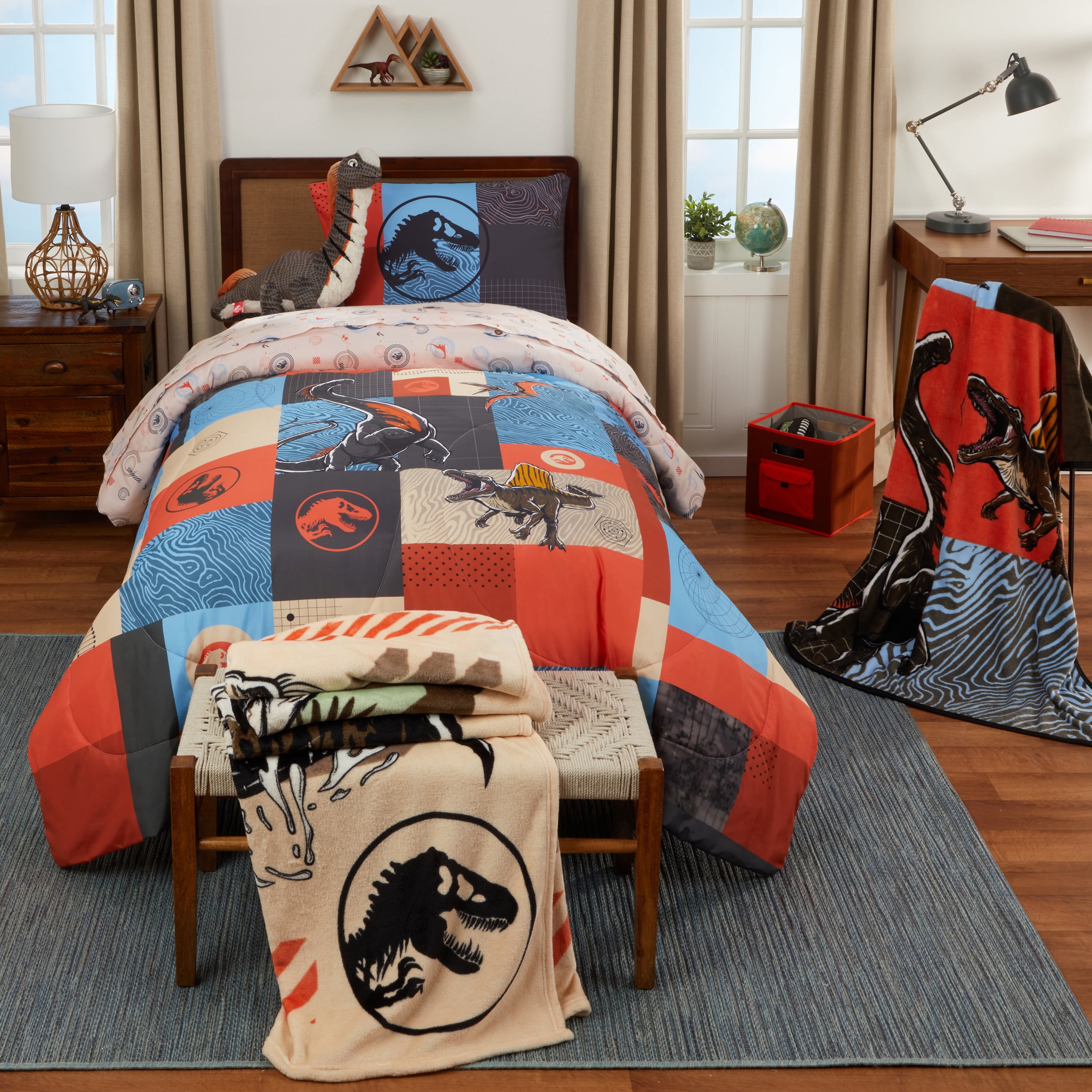 Jurassic World Kids 2 Piece Blue Orange Reversible Dinosaur Comforter and Pillowcase set, Twin/full