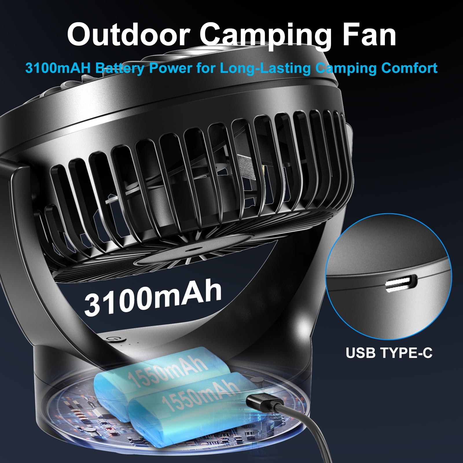 JOLTIX 7" Table Fan,3100mAh,Silent, Super Wind Power and Battery Life, Desktop Mini Fan,Black
