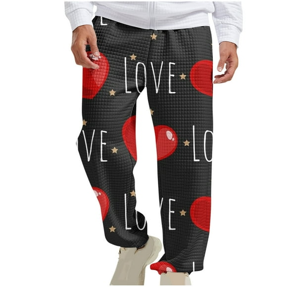 Virmaxy Mens Love Letter Graphic Waffle Lounge Pants Valentine's Day Printed Drawstring Sweatpants Straight Leg Loose Joggers for Casual Lounge Small Square Elastic Waist Home Pants Black-B M