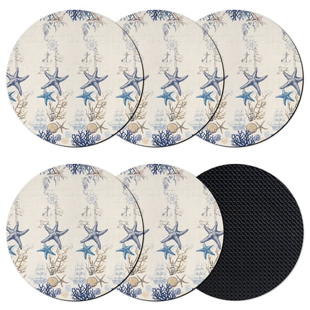 Blue Coastal Coasters Set of 6 Absorbent Coasters for Drinks Summer Starfish Beach Nautical Coral Rustic Coaster for Desk Coffee Table Protection Home Decor House Warming Gifts 4